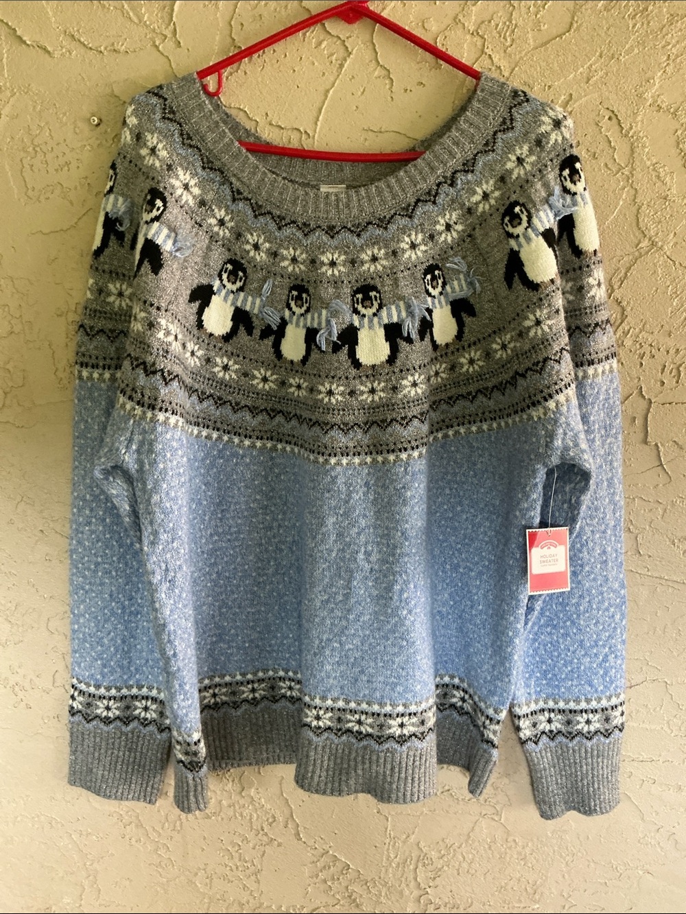 Holiday Time Light Blue Metallic Penguin Print  Sweater Womens Size XXL NEW
